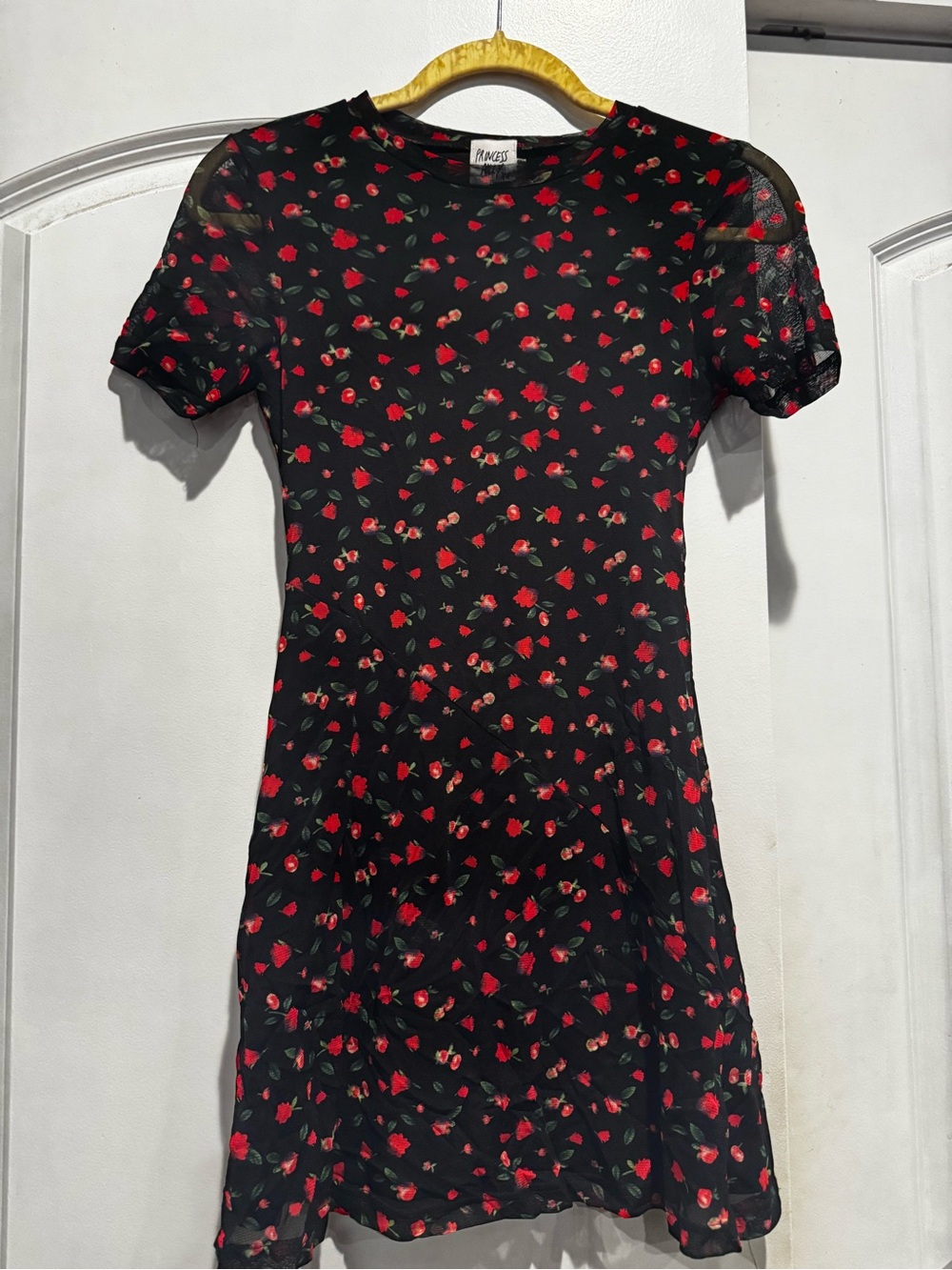 Princess Polly Black Red Rose Floral Mesh Mini Dress